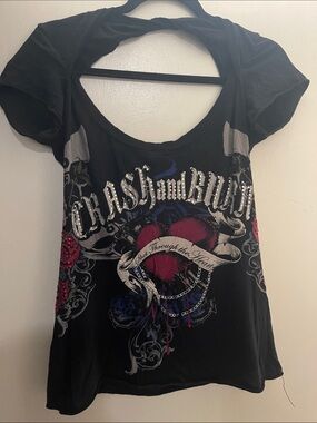 Crash & Burn Black Tee with Pink Heart and Stud Accents